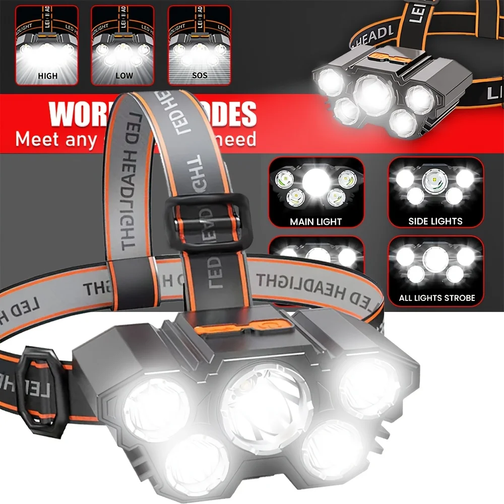 Lanterna de cabeça recarregável USB 5LED Lanterna de cabeça à prova d'água com bateria embutida para camping, caminhadas, pesca, uso de emergência