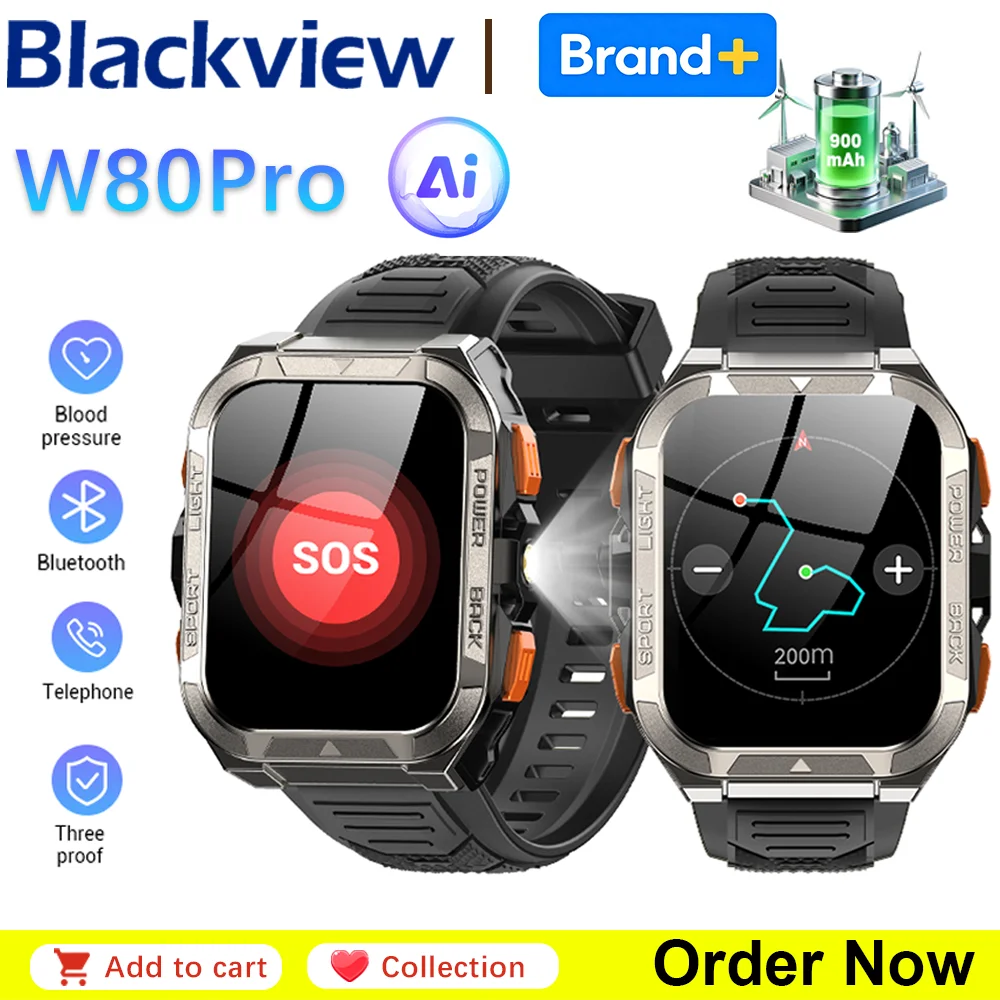 Reloj Inteligente Blackview W80 Pro para Hombre, con GPS, Pantalla de 1.91'', Batería de 900mAh, Linterna, Brújula, Resistente para Exteriores