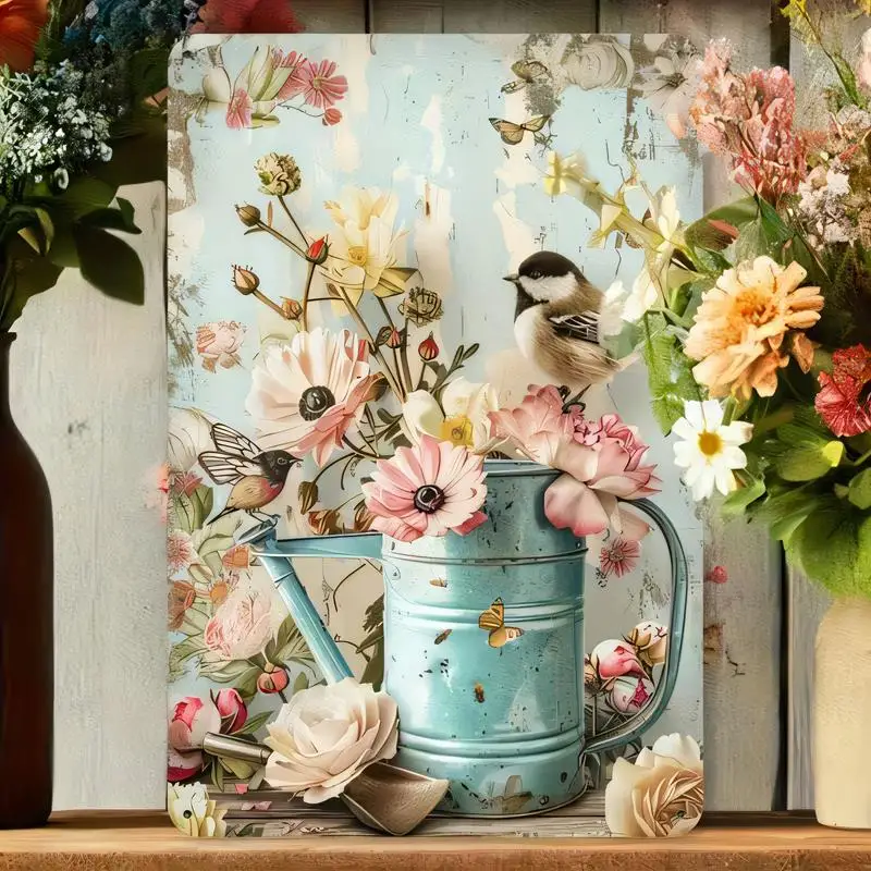 Vintage Floral & Bird Iron Tin Painting - Pastel Watering Can & Design, Retro Wall Art for Home/Bedroom/Farmhouse Decor - Iron M