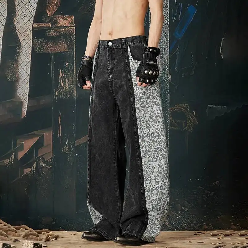 LUZHEN 2026 New Leopard Print Splicing Design Loose Straight Casual Jeans Men's Fashion Street Wide Leg Denim Pants Male JY6760