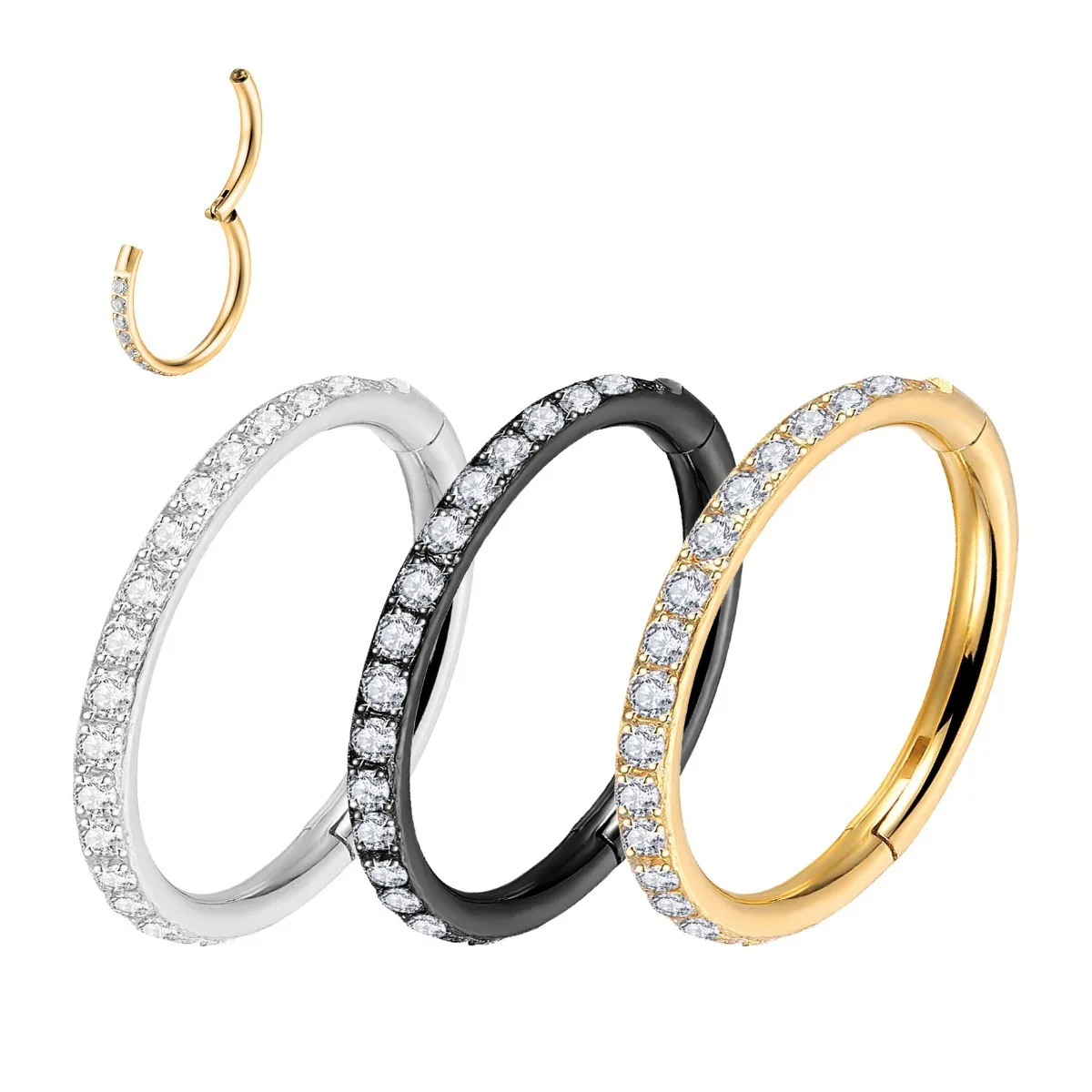 Steel Hinged Segment Hoop CZ Stone Nose Ring Nipple Clicker Ear Cartilage Tragus Helix Lip Earring Piercing Body Jewelry