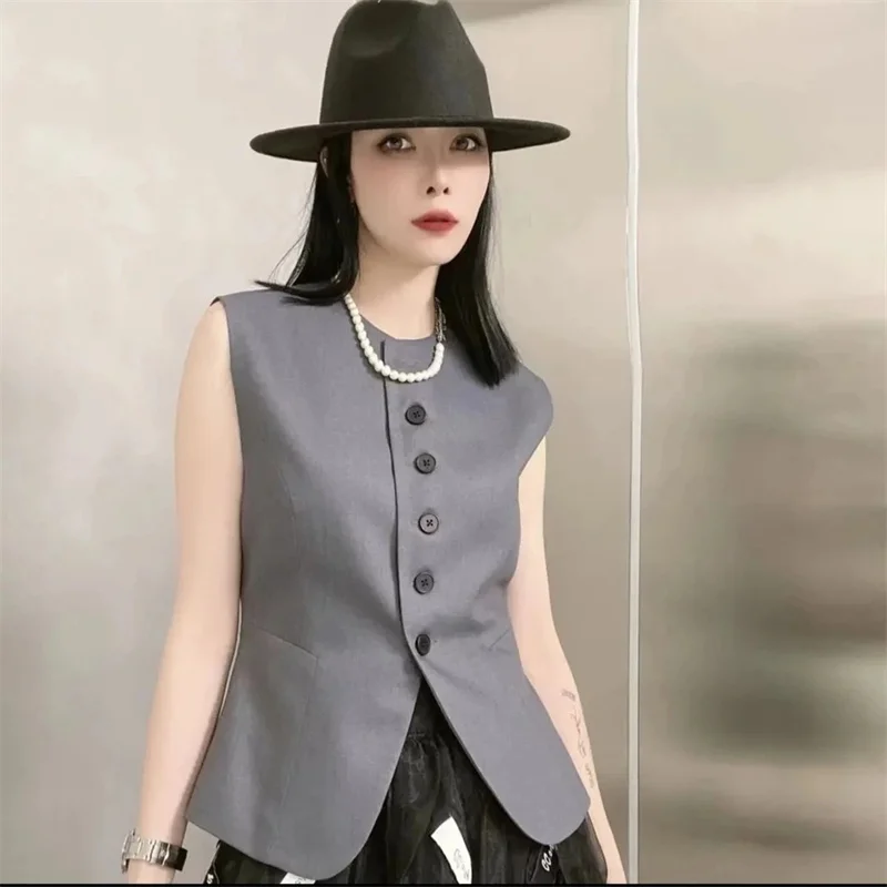 O-Neck Blazer Vest Women Waistcoat Spring Autumn High End Casual Lined Sleeveless Short Jacket Korean Buttons Silm Women\'s Vests