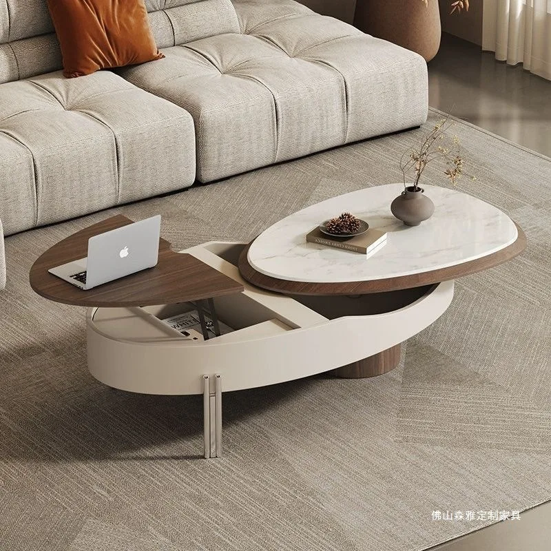 Italian light luxury oval liftable microcrystalline stone coffee table multi-functional living room with storage dining table