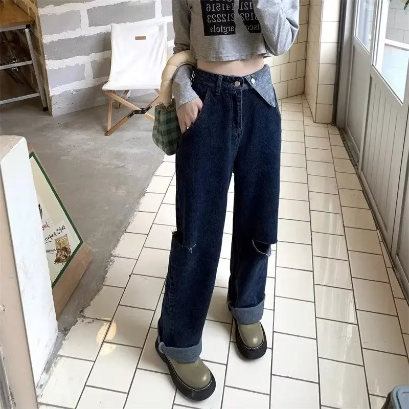 

Spring-autumn Women pants Baggy Wide Leg Jeans High Waist Wide Leg Casual Straight Jeans Straight Leg Dragging Trendy Vandalism