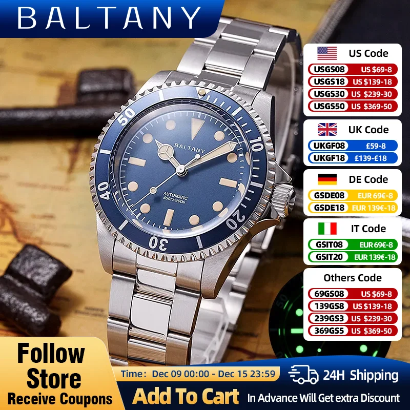 Baltany Diving Watch Water Ghost 200M Waterproof NH38 Mechanical Automatic Stainless Steel Bracelet Vintage Men Sports Watches