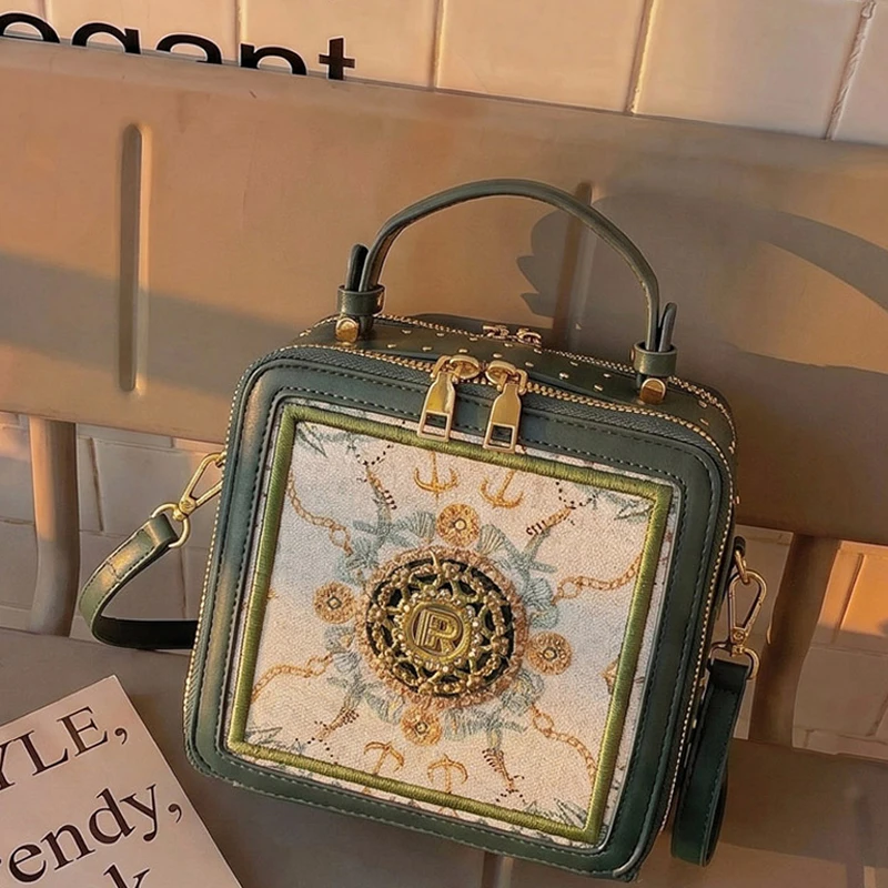 Exquisite bedruckte Umhängetasche, quadratische Damen-Box-Handtasche, Colorblock-Sling-Bag, Messenger-Tasche für den Arbeitsweg und zur Aufbewahrung von Kosmetika – Detail 2