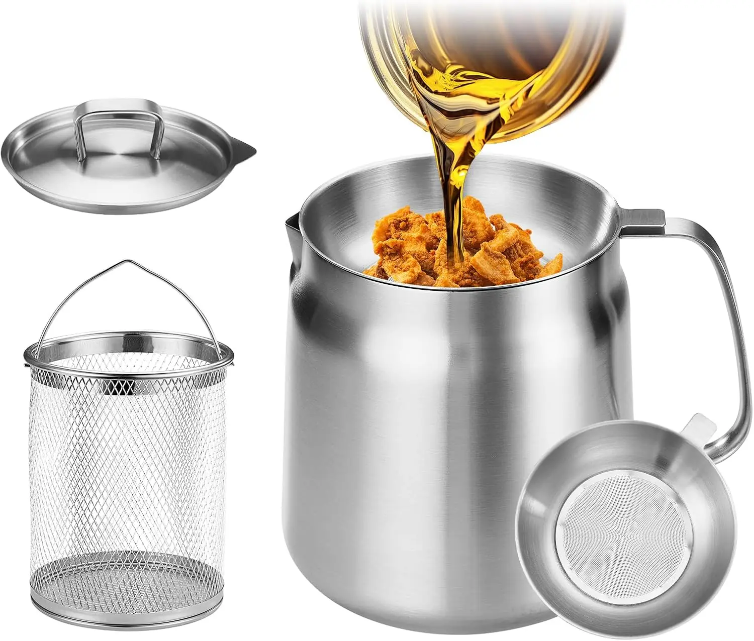 

Фритюрница из нержавеющей стали с корзиной и ситом, большой емкости, для кухни, для жарки, контейнер для жира из бекона