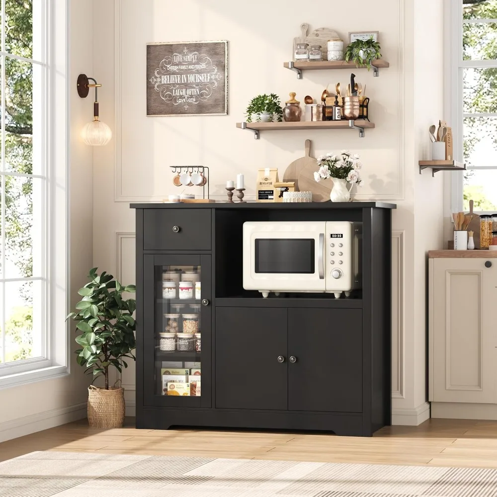 HORSTORS Microwave Cabinet, Kitchen Storage Cabinet, Microwave Stand, Black | Modern Kitchen Cabinet with Doors / 2 Adjustable Shelves / Drawer / Spacious Countertop for Dining Living Room, Apartment