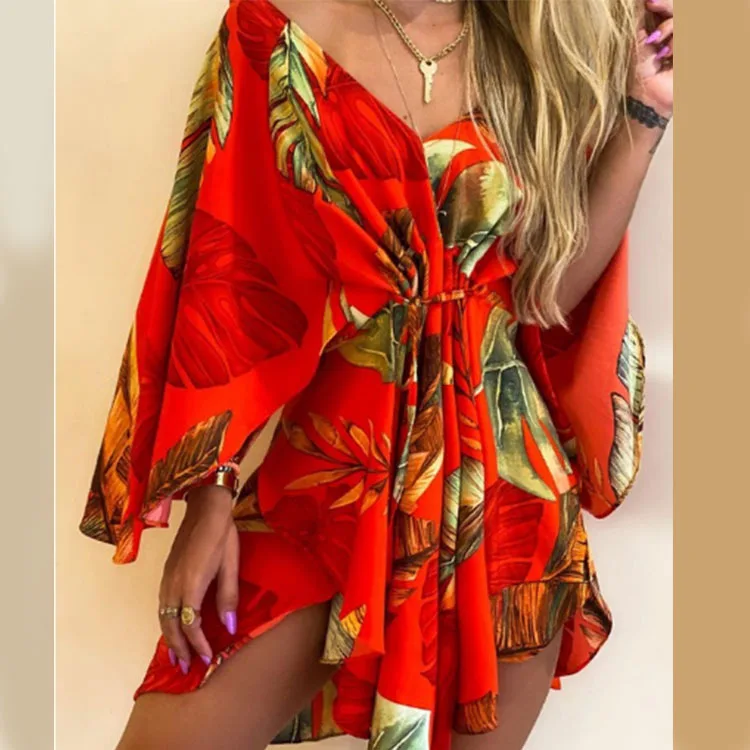 Frauen Print Kleid Sexy V-ausschnitt Fledermaus Ärmel Rüschen Blumen Drucken Böhmischen Strand Sommerkleid Damen Lose Sommer Urlaub Mini Kleider – Detail 11
