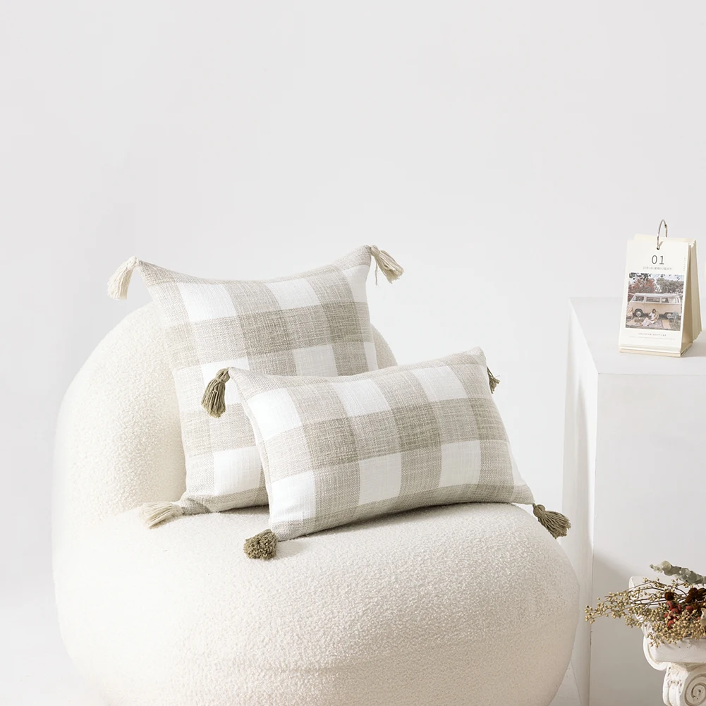 KAUNFO Wild Cushion Cover Polyester Fabric Pillowcase Solid Color Striped Plaid Tassel Custom For Bedroom Living Room