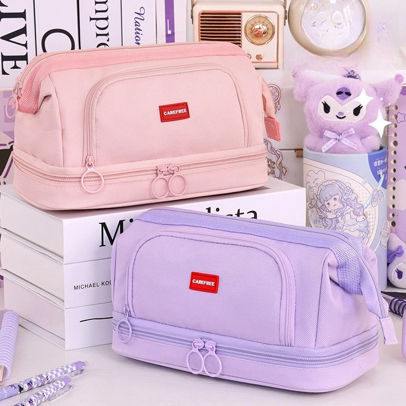Essential for Back to School Large Capacity Double-Layer Pencil Case High-Quality Pencil Eraser Ruler Storage Bag Office Supplie