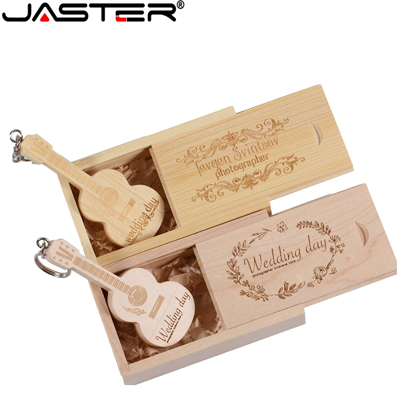 5PCS/LOT USB Flash Drive 128GB Free Custom Logo Pen Drive Guitar Shape Wooden Box Memory Stick Music with Keychain Wedding Gift