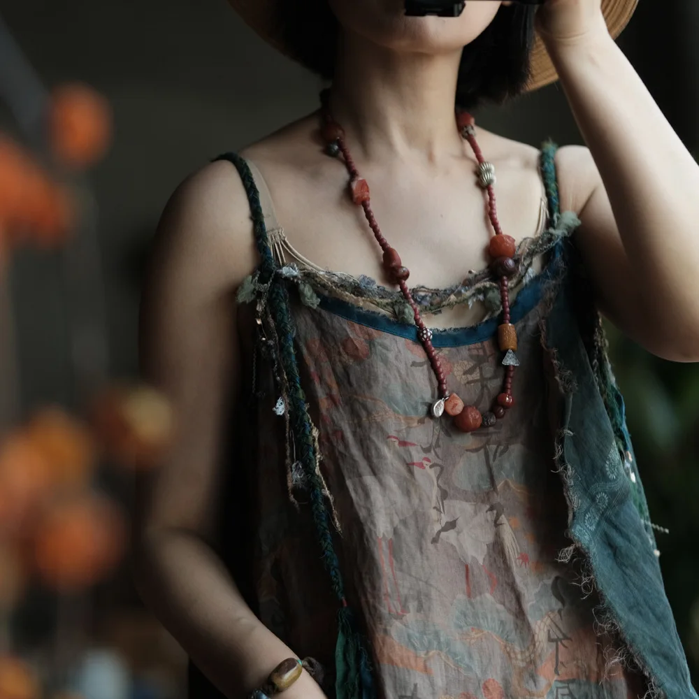 UMI MAO Spring Autumn Dress Elegant Harajuku Lantern Sleeves Loose Slim Colored Robe Cotton Hemp Art Drawstring Neck Dress