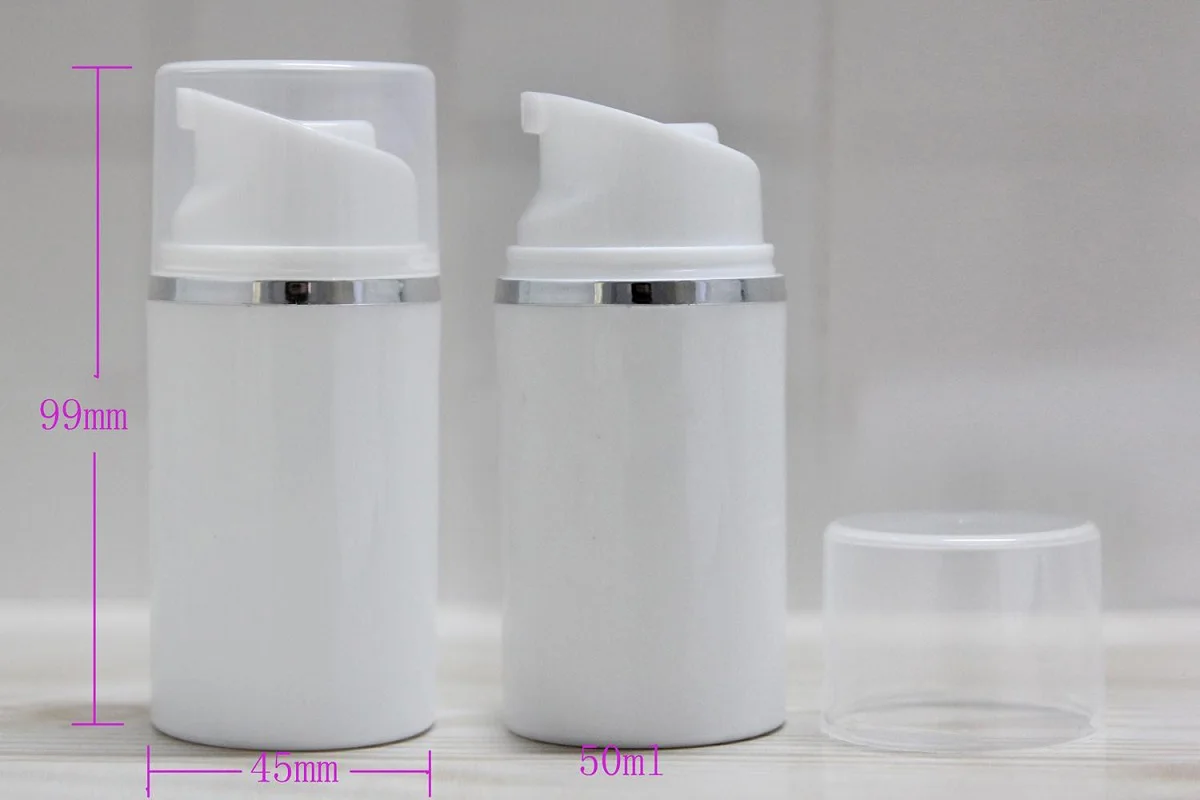 Butelka airless z białego plastiku o pojemności 50 ml z srebrną linią, do pakowania balsamów/emulsji/sery/kremów przeciwsłonecznych z filtrem UV/podkładek do pielęgnacji skóry.