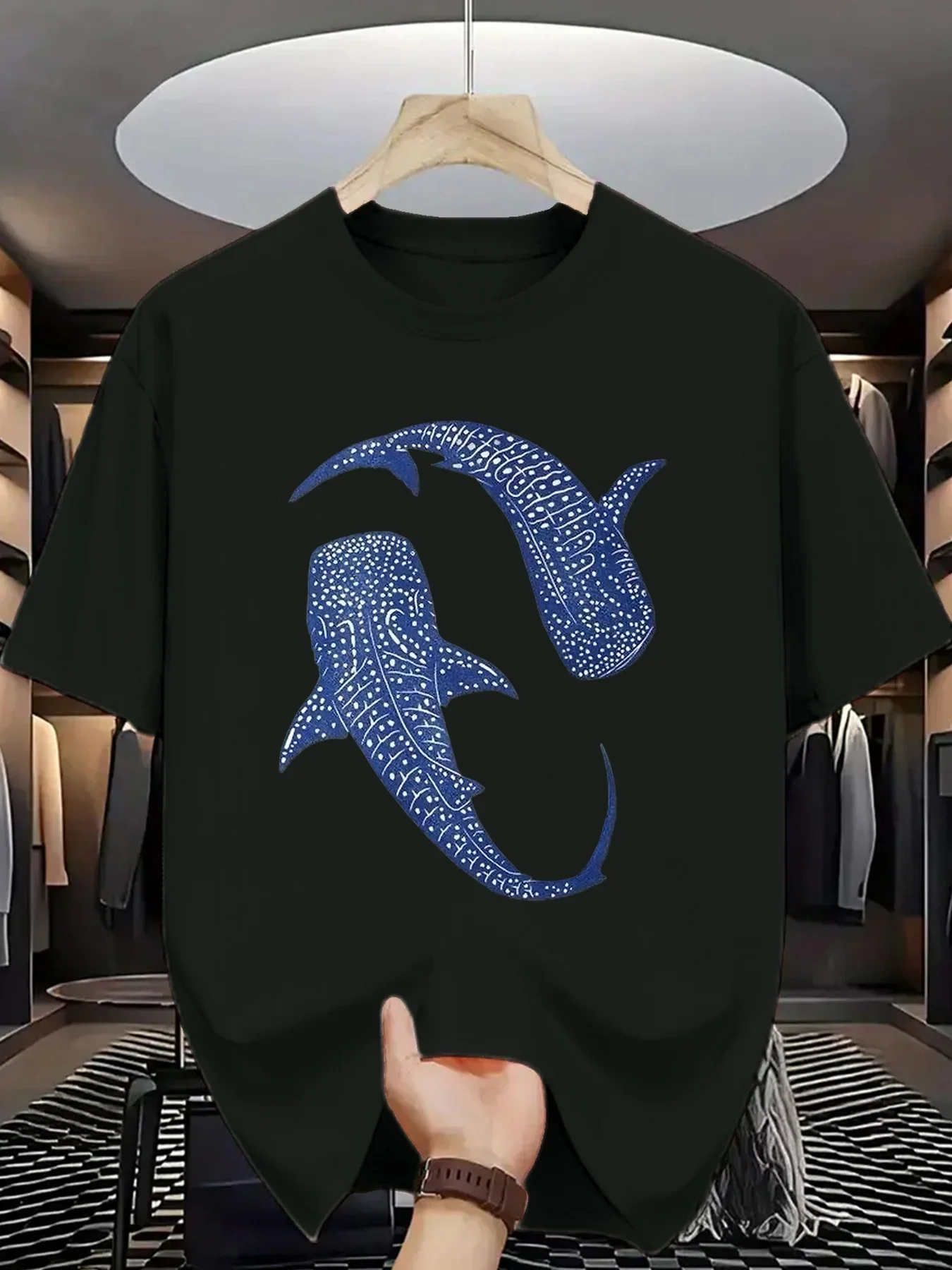 Bohemian Style Whale Shark Print Men's 100% Cotton T-shirt Casual O-neck Short Sleeve Tops Streetwear Tees