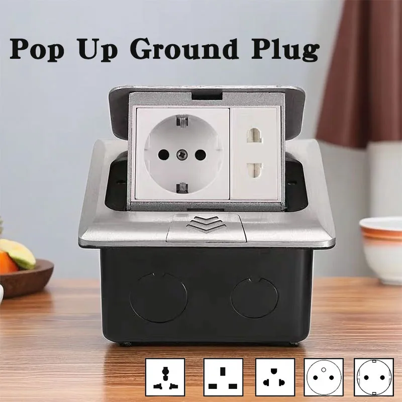 

100mm*100mm Pop Up Hidden Floor Socket 16A Power Outlet Aluminum Alloy Box 110V-250V EU/FR/US/UK/UN Plug Adapter For Home Office