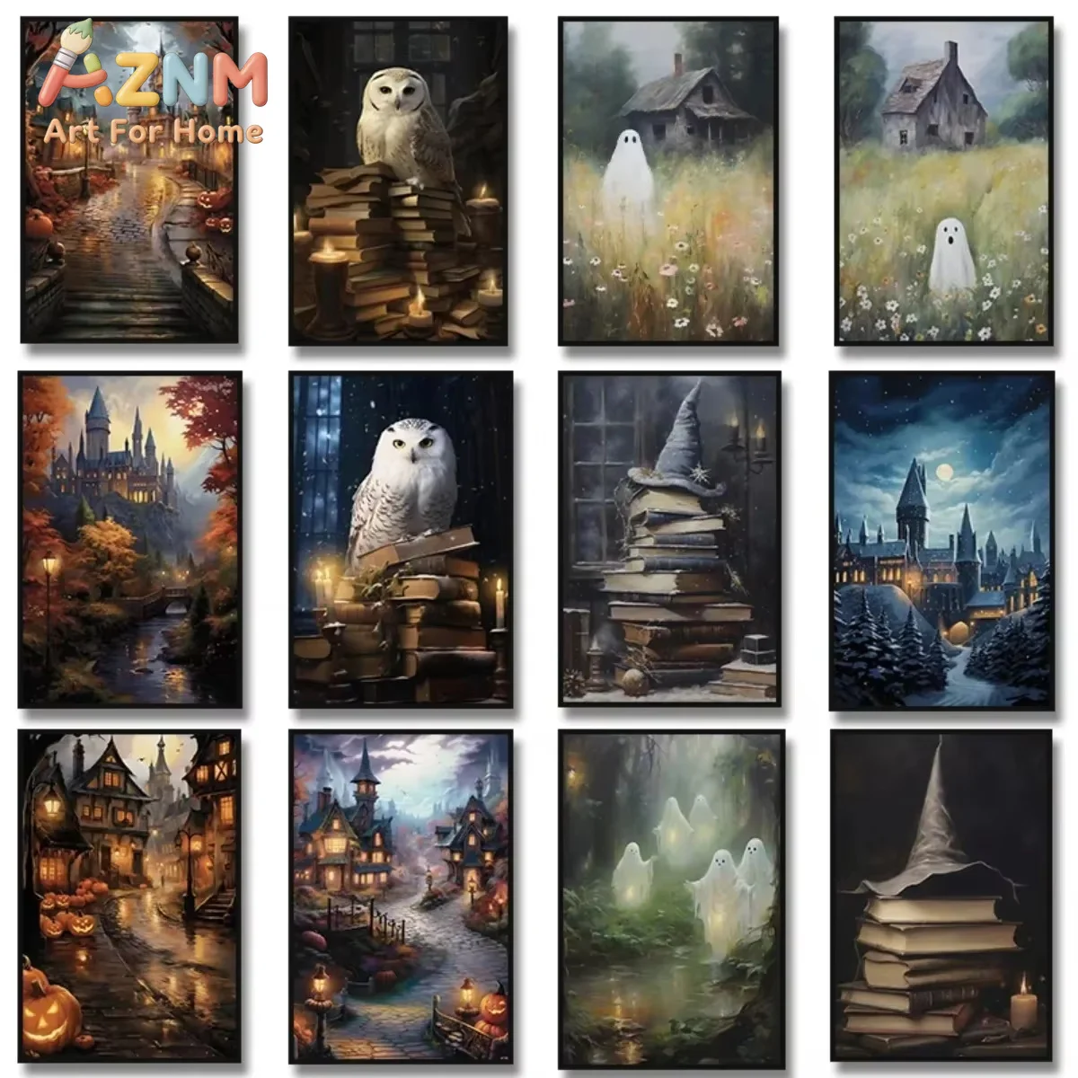 1PC Canvas Painting Vintage Wall Art Ghosts Forest Wizard Hat Magical Castle Poster White Owl in Wizard Library Halloween Home
