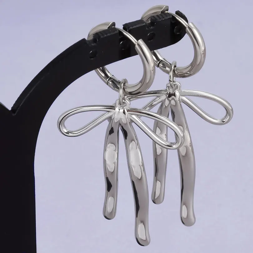 1pair Silver Color Love Heart Bowknot Charm Earring Stainless Steel Hoops Earrings For Women Men Accessories Sunflower Jewelry