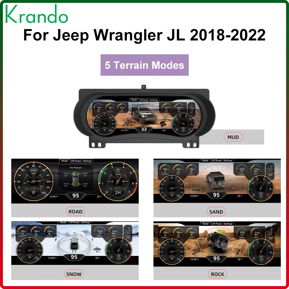 Krando Car Digital Cluster for Jeep Wrangler JL JK  JT 2018 - 2022 LCD Dashboard Speedometer Virtual Cockpit Multifunction