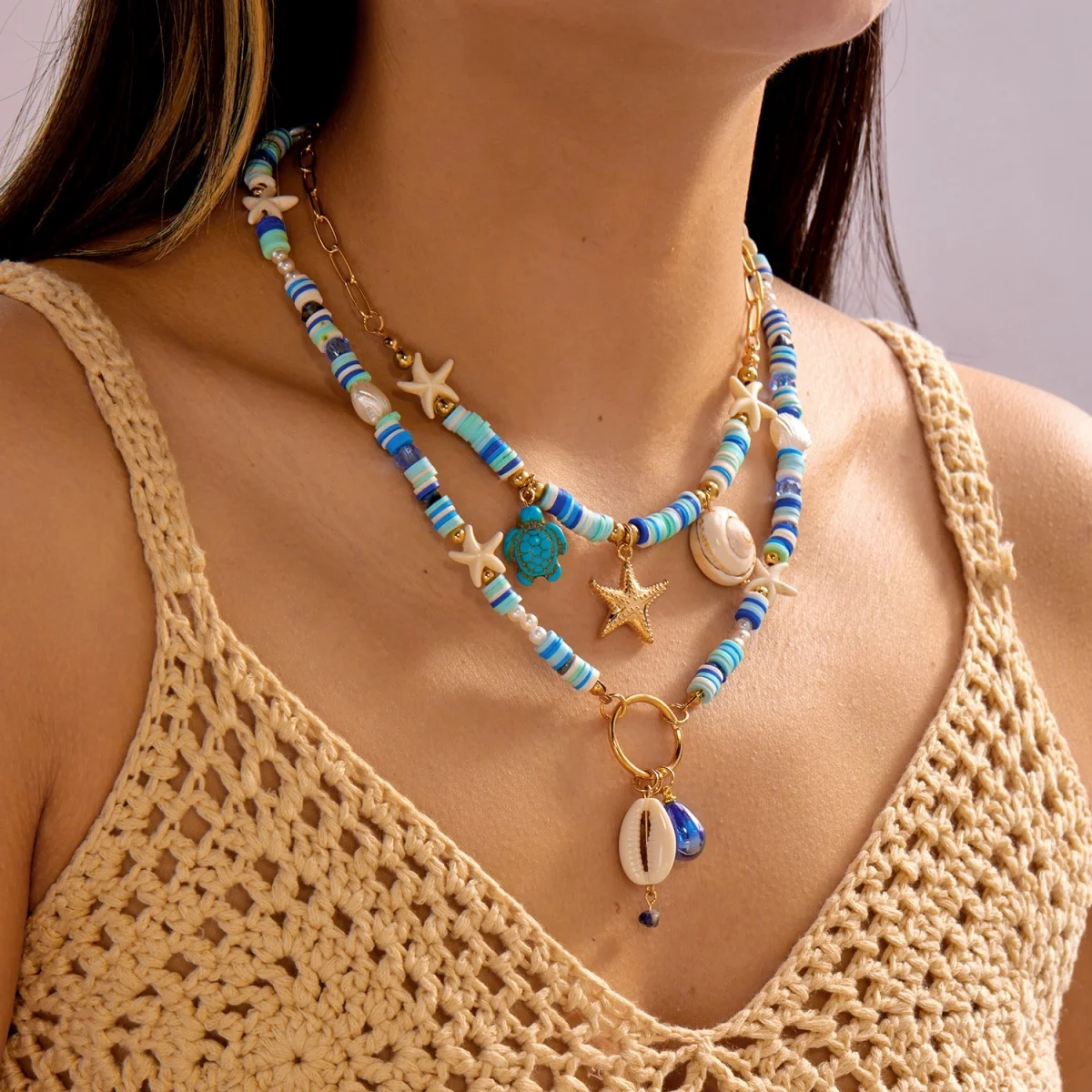 Halskette mit Seestern, Muschel, Schildkröte und Quaste aus Kunstharz für Damen und Herren, doppellagig, blau, aus weicher Tonperlen, Sommer-Strandschmuck – Detail 17