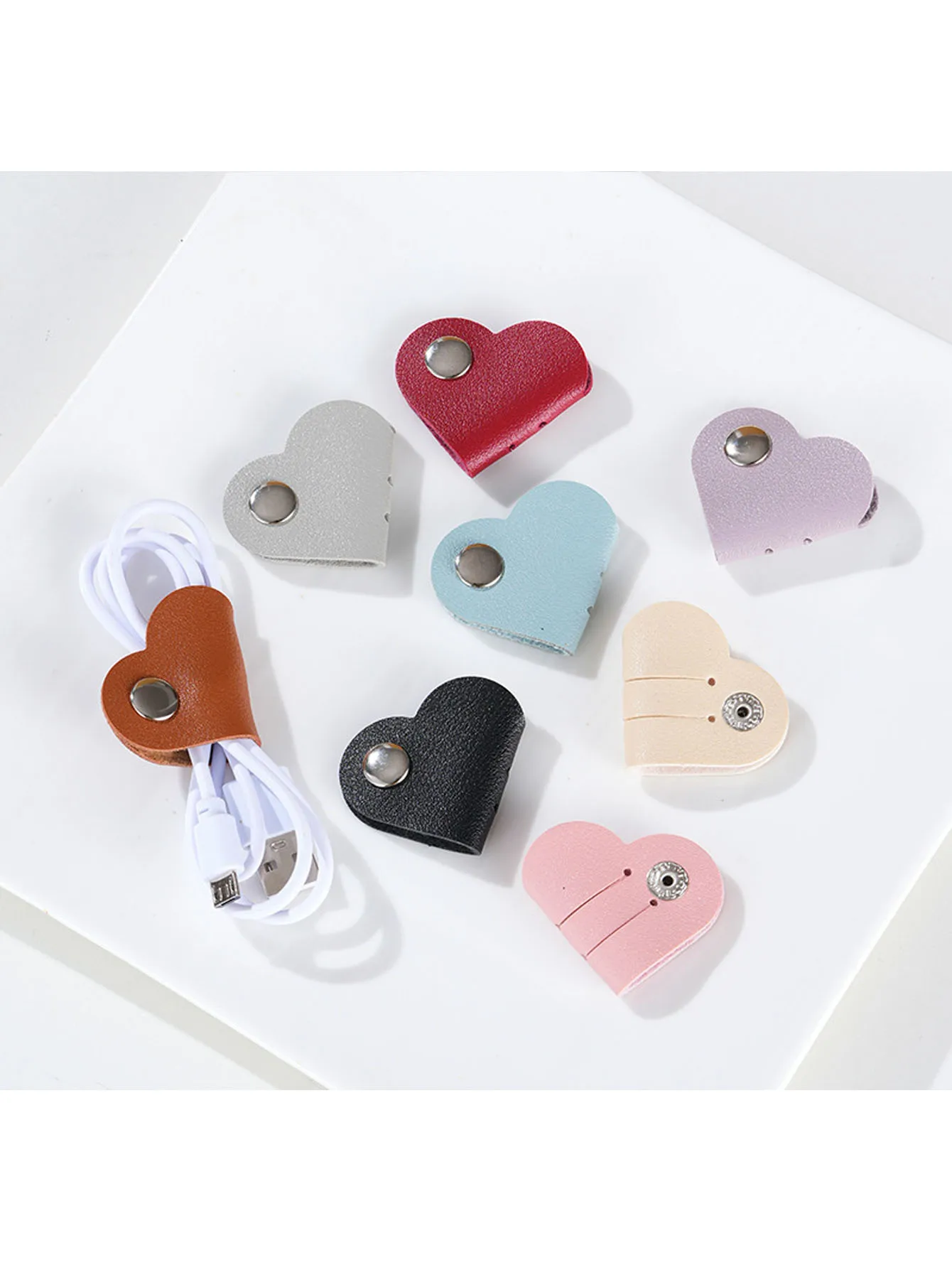 8PCS Heart-Shaped PU Cable Organizers in Random Colors, Magnetic & Self-Adhesive, for Earphone and Charging Cord Storage