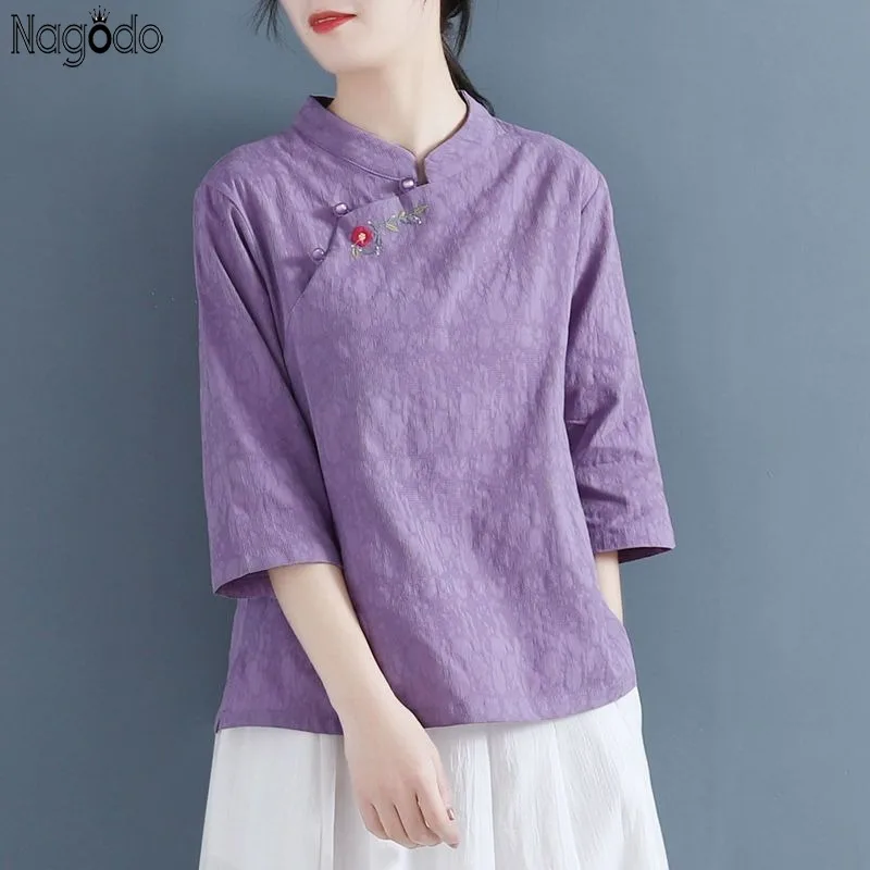 

2025 Summer Women's Retro Artsy Cotton Linen Blouses Chinese StyleStand Collar Loose Half Sleeve Embroidery Tea Clothing
