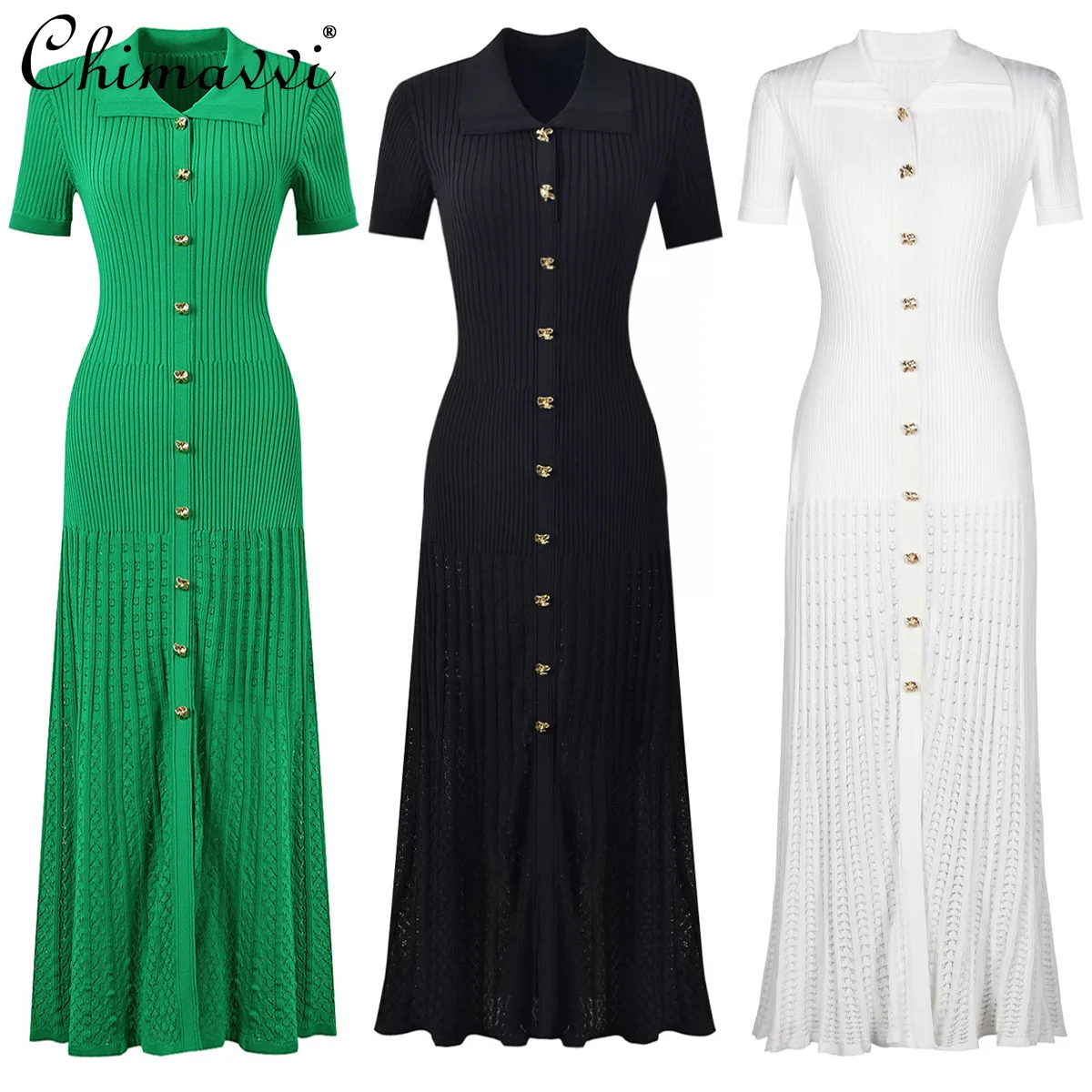 

Spring and Summer 2025 New Fashion Knitted Lapel Slim-fit Short-sleeved Dress Femininity Party Elegant Dresses for Women