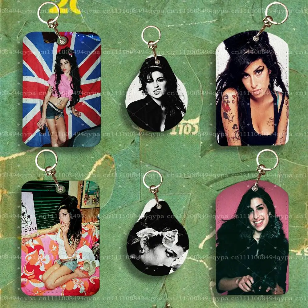 A-Amy Winehouse Back To Black Leather 2 Sided ID Card Holder with Keychain Executive Protection For Bank Credit Subway Bus Case