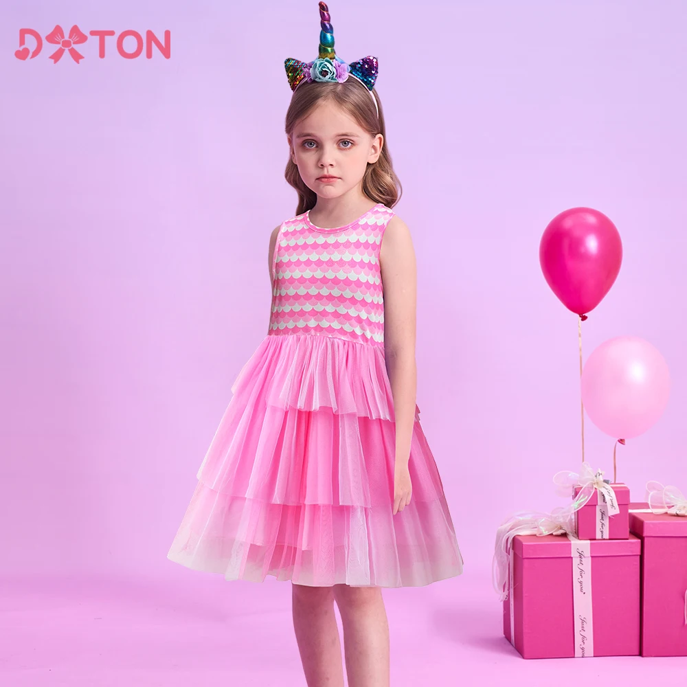 DXTON New Sleeveless Princess Dress Summer Holiday Party Baby Girls Costume Gradient Mesh Cake Layered Girls Cute Dress 3-12Yrs