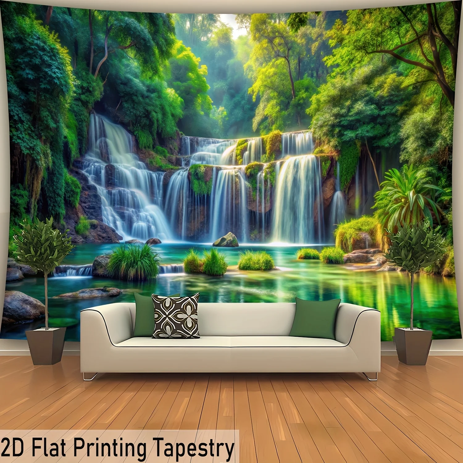 Tropical Waterfall Jungle Tapestry Living Room Backdrop Lush Green Forest Cascade Pool Scene 2D Flat Printing Wall Hanging Cloth