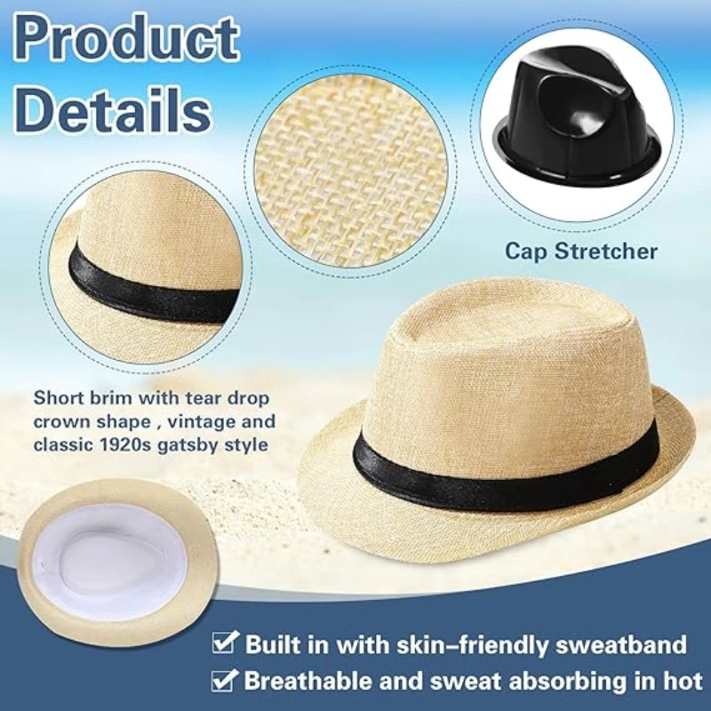 10-24 Pack 1920s Straw Hats Bulk for Men Short Brim Sun Panama Hats for Women Party Costume Wedding Favors, Circumference 60 cm