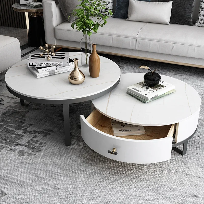Italian light luxury foldable round rock slab coffee table with drawers small apartment hotel living room cabinet wrought iron
