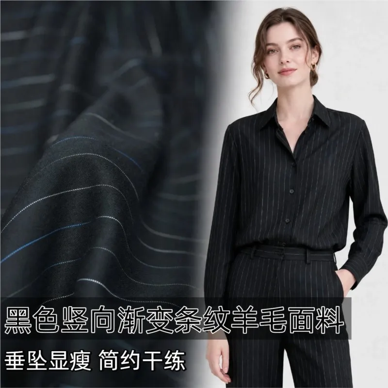 Simple and efficient black gradient vertical striped real wool fabric for shirts trousers coats dresses