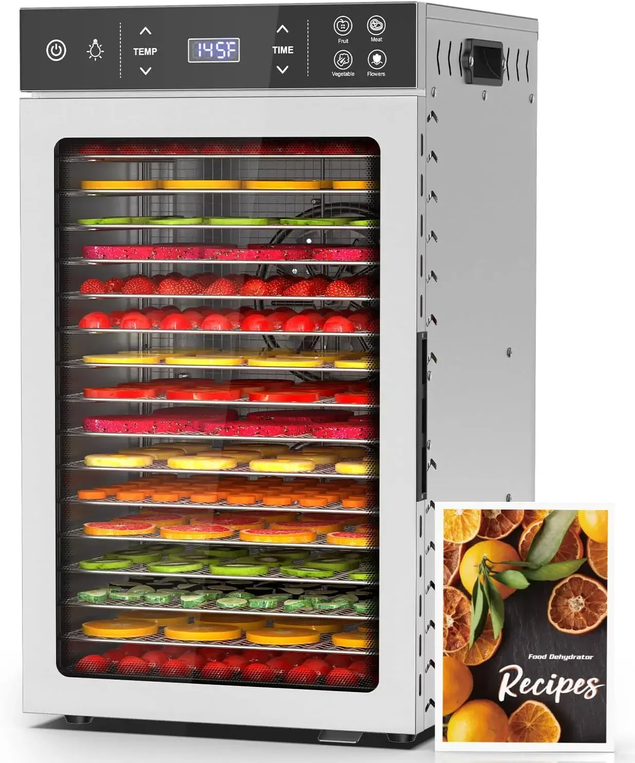 12-Tray Stainless Steel Food Dehydrator, 800W with 4 Presets | Digital 24H Timer, 85°F-195°F Temp Control, Dual-Fan 360°