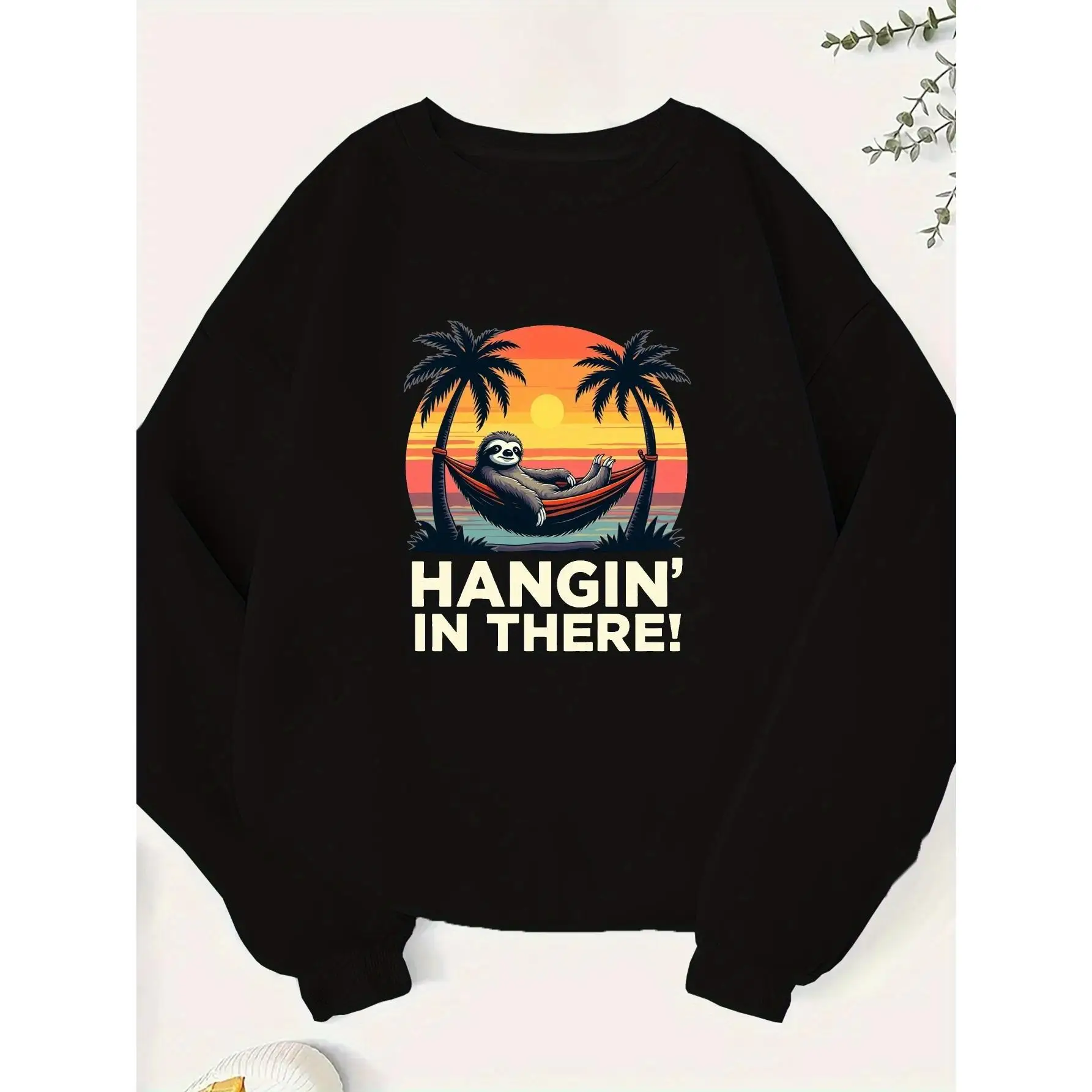 

Funny Sloth Hangin' In There Sweatshirt Women Men Relaxing Palm Tree Print Pullover Retro Tropical Vacation Top