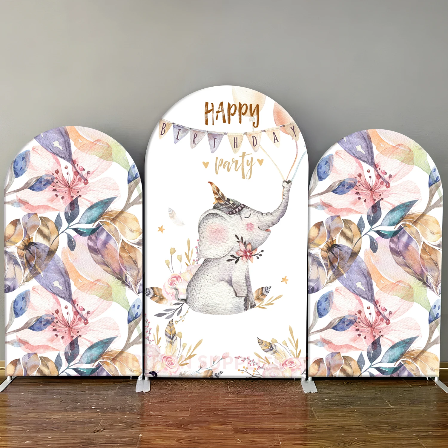 

Child's birthday party Arch Background cover Bohemian forest elephant floral watercolor pattern Baby Shower decor elastic fabric