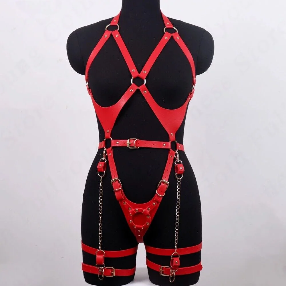 Harness for Women Rde PU Leather Erotic Bondage Straps Bra Cage Gothic Garter Sexy Lingerie Pastel Goth Suspenders Rave Clothes