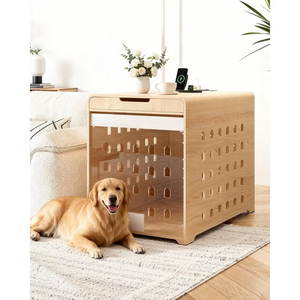 

Большой вольер для собак из дубового дерева с зарядной станцией, акриловой дверцей и боковым столиком для средних и крупных пород собак весом до 110 фунтов