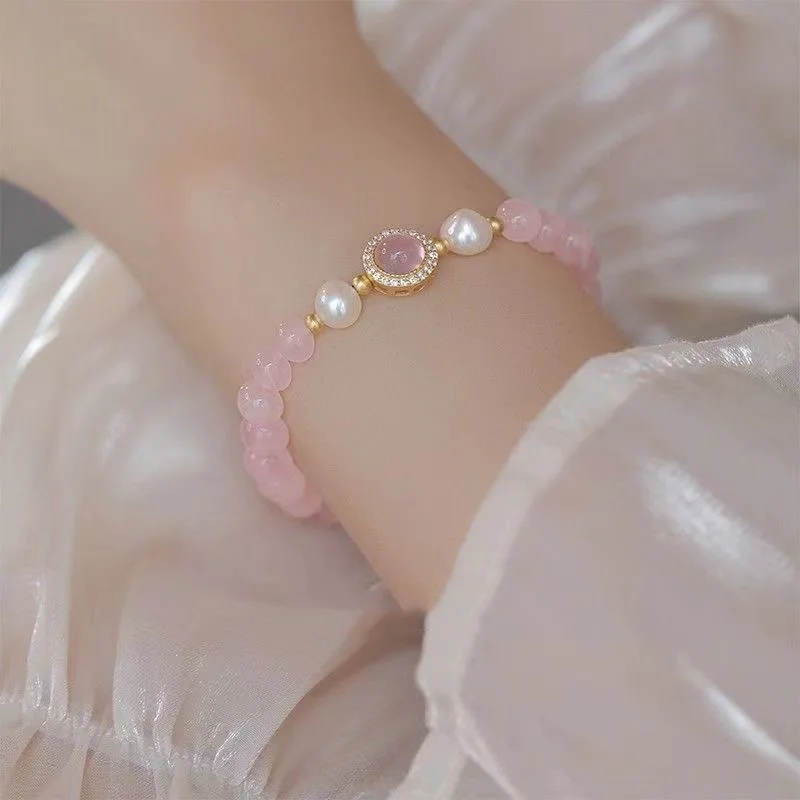 Pink Crystal Beads Peach Blossom Bracelet Handmade Niche Versatile Exquisite String Bracelet Fashion Jewelry Gift for Girlfriend