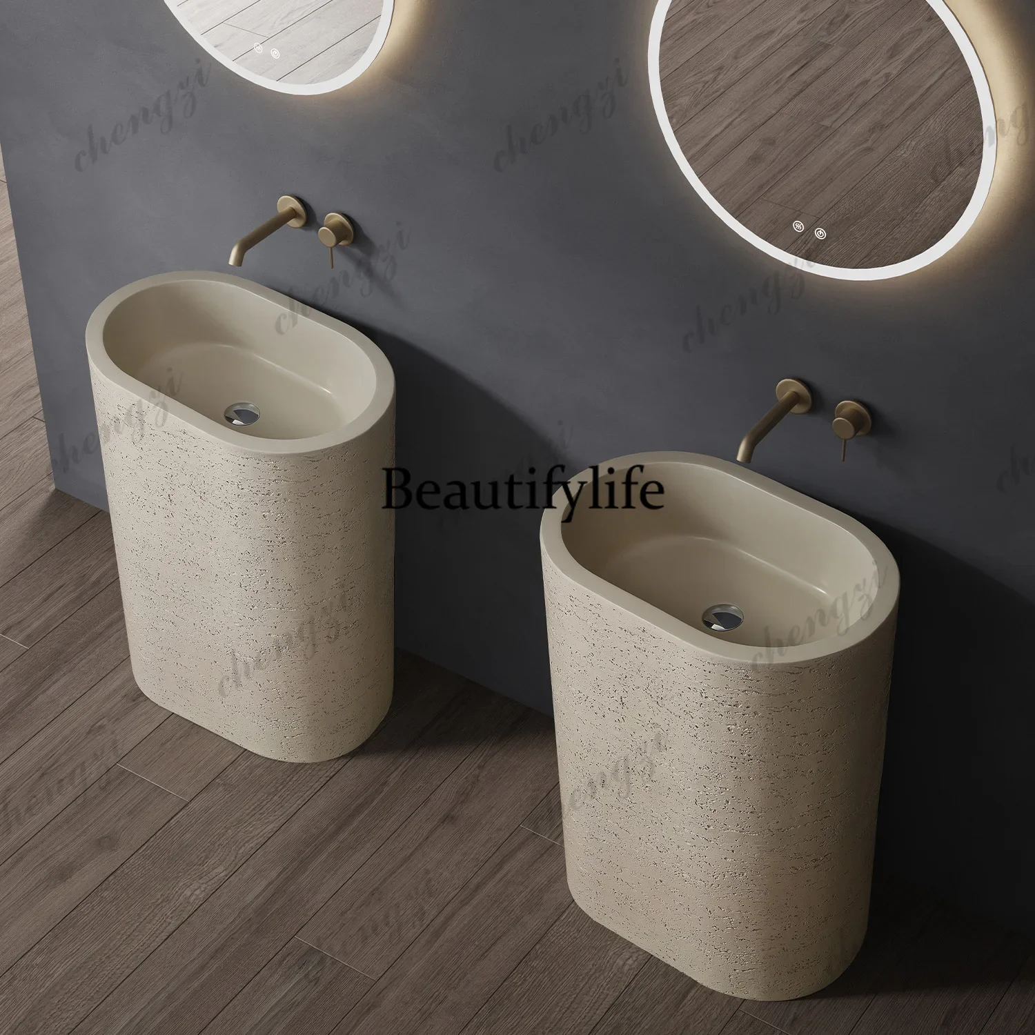 NQ52 PPP[ Medieval style column basin oval integrated floor type wash basin art creative artificial stone