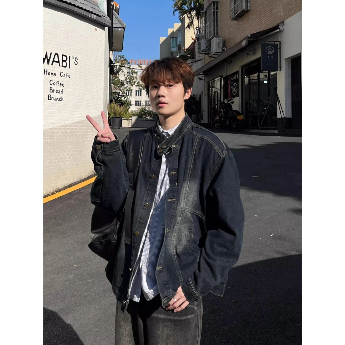 

Retro American Waed Heavyweight Denim Jaet Loose Casual Stand Collar for Men And Women Spring Street Sle Trendy Coat