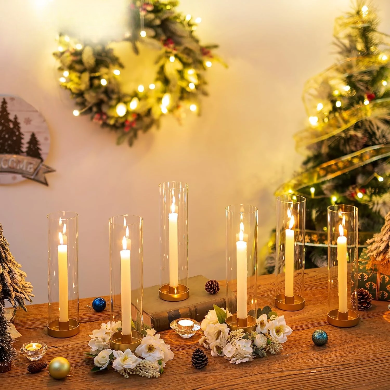 

Hurricane Glass Candlestick Holders: 10 Set Bulk Gold Taper Candle Holder Metal Candle Stick Stand with 11.81 inch Tall