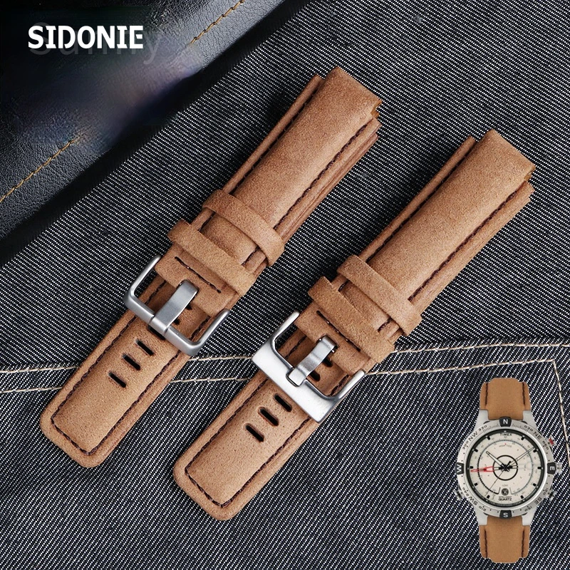 Genuine Leather Watch Strap for Timex Men's Tide Compass T2N721 T2N720 Bracelet Watch Band 24*16MM