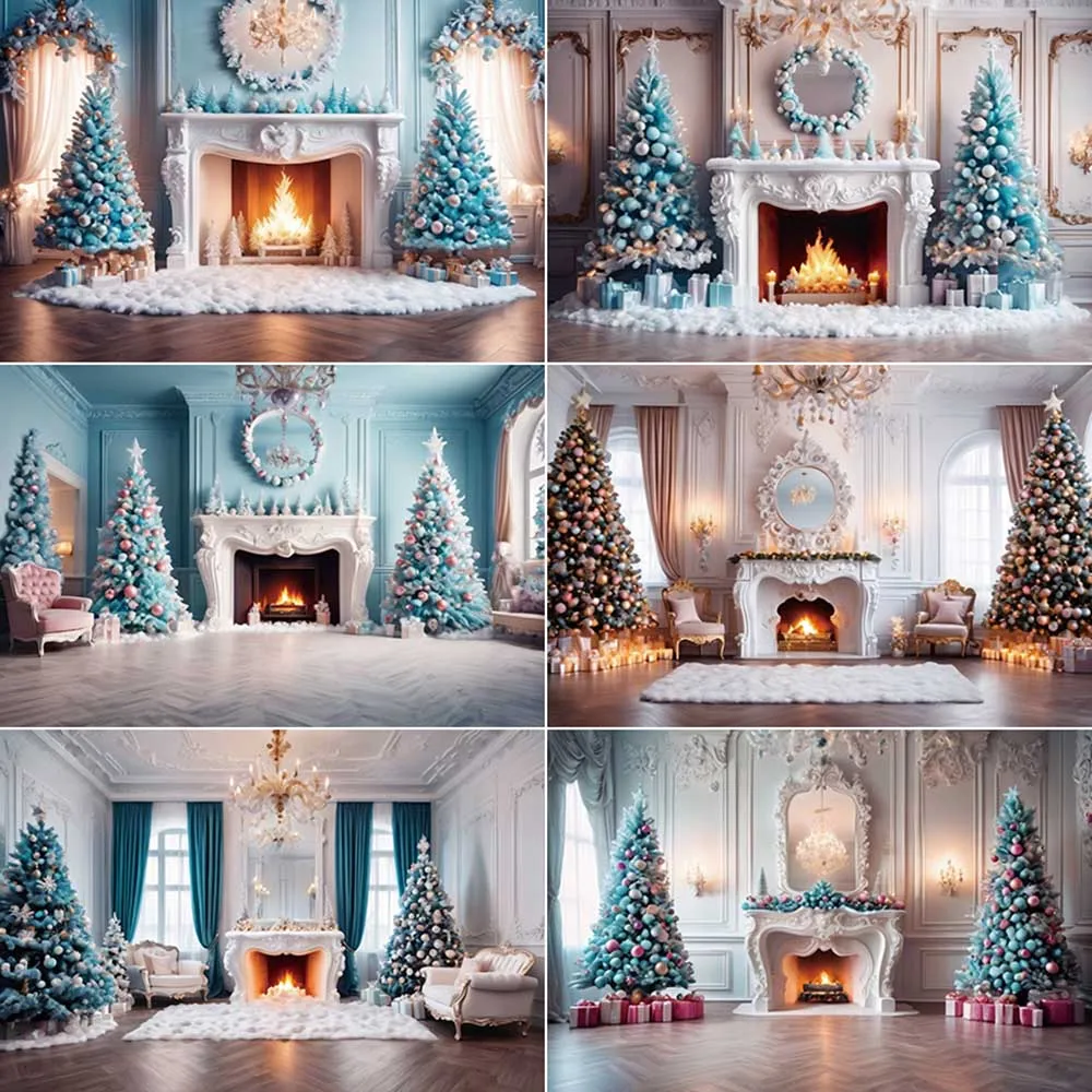 

MOON.QG 2025 Christmas Party Photo Zone Photography Backdrop Western Living Room Fireplace Tree Background Studio Shooting Props