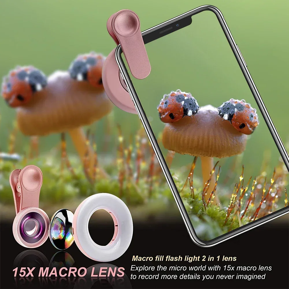 Lente Macro para Móvil 15X con Anillo de Luz LED, Lente de Cámara para Selfies y Transmisiones en Vivo, Flash Universal Portátil con Clip para Smartphone