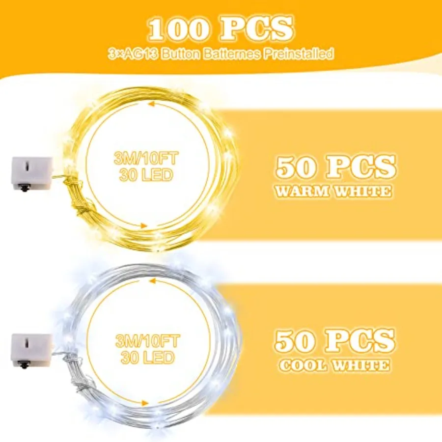 100 Pack LED Fairy Lights Battery Operated String Lights Bulk 6.5 Feet 20 LED Mini String Lights Waterproof Cool and Warm White