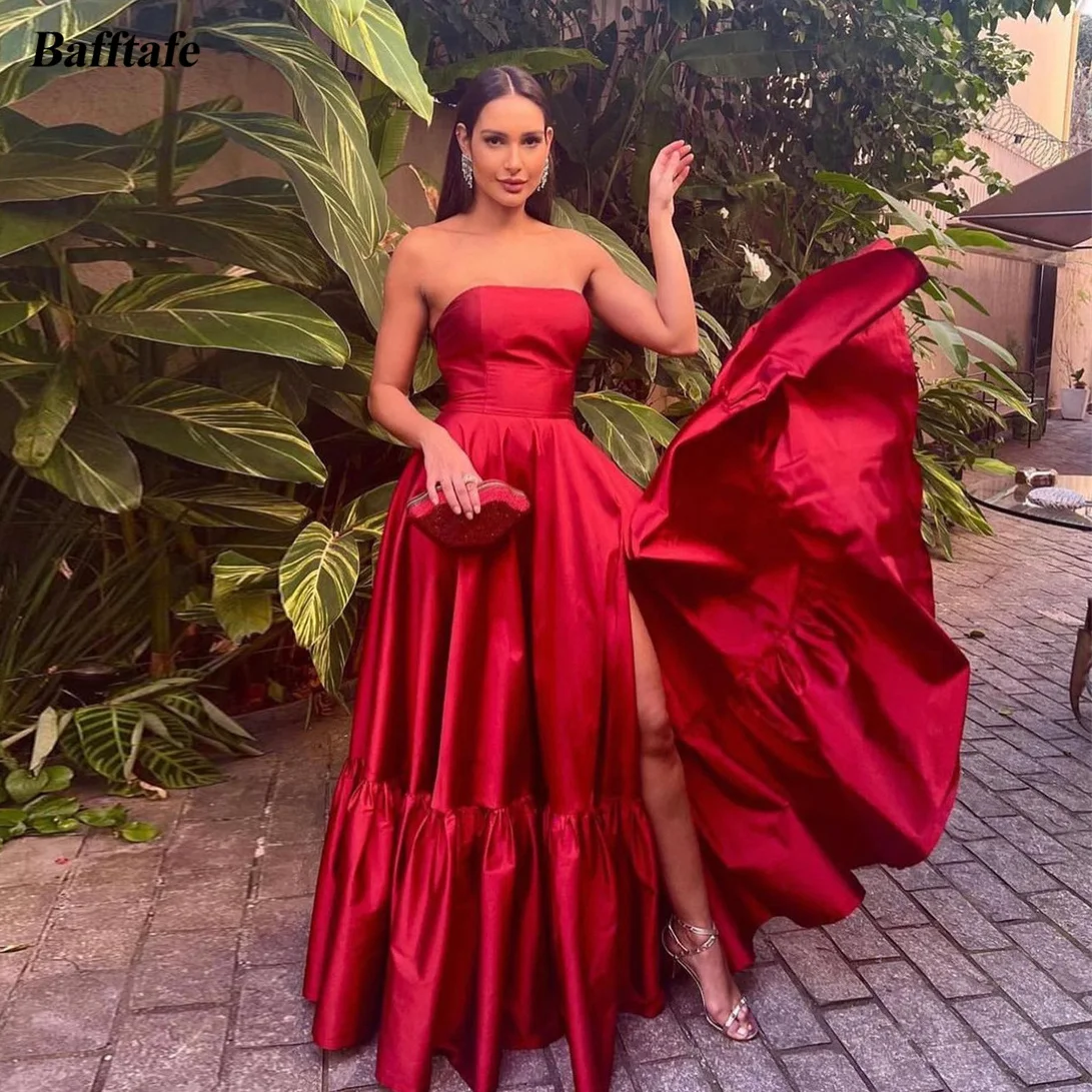 

Bafftafe A Line Silk Satin Woman Prom Dresses Strapless Pleated Korea Formal Evening Gowns Specail Party Dress Girls Dance Wear