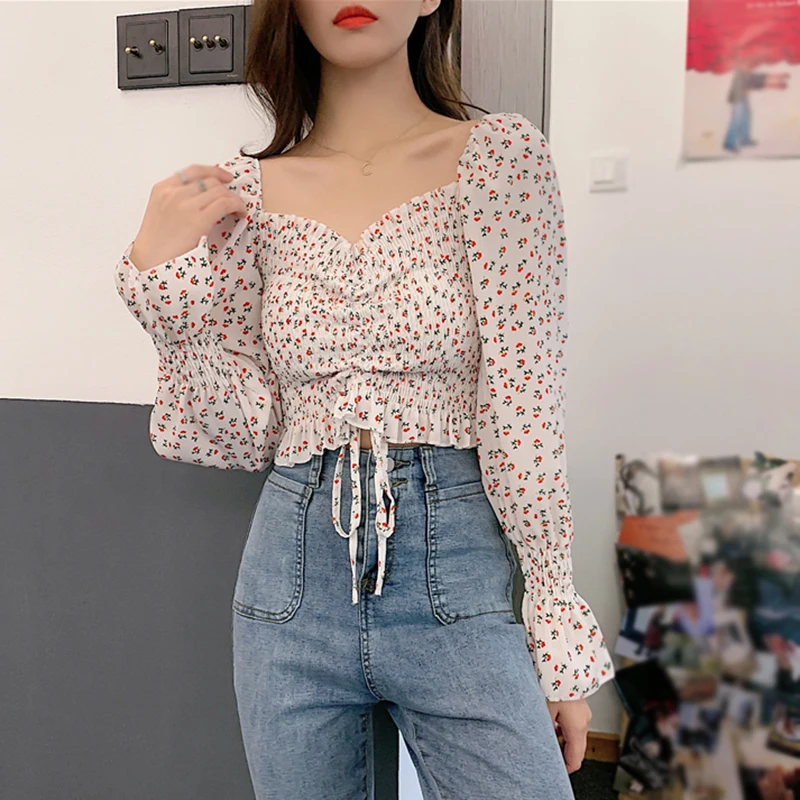 Women\'s Chiffon Shirt Square Collar Korean Version Sweet Slim Fit Exposing Navel Dopamine Puff Long Sleeves Chiffon Blouse