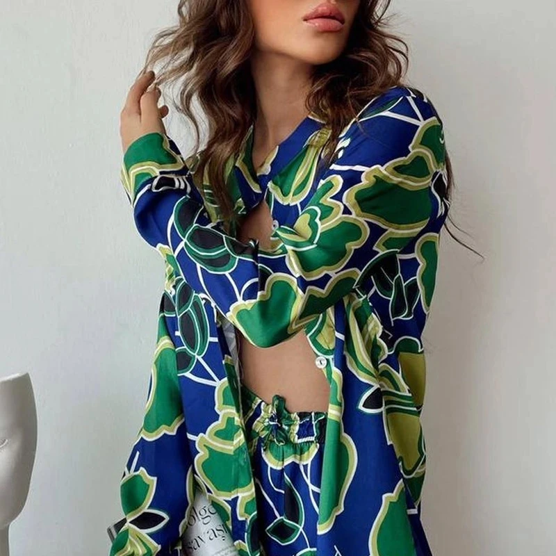 Fashion Printed Pajamas Set Women Retro Loose Long Sleeve Blouse Straight Pants Suit 2024 Summer Casual Two Piece Set Sleepwear