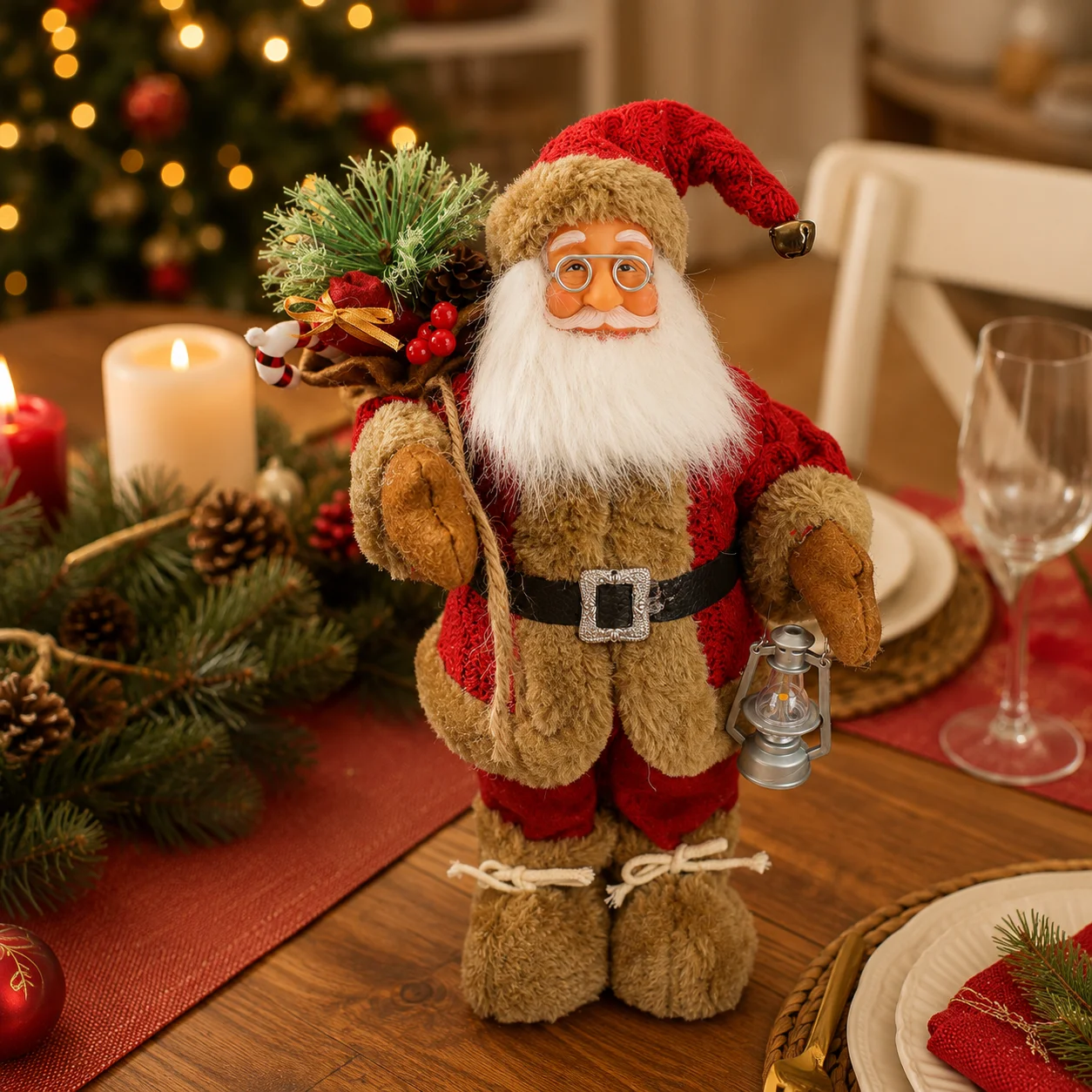 Christmas Santa Claus Figurine 30cm, Plush Santa Statue with Lantern Gift Sack Pinecone Decor, Holiday Tabletop Decoration